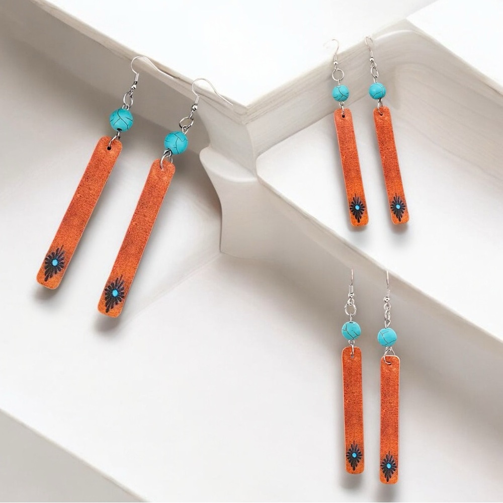 Festival favorite Turquoise beaded leather dangle hook silver earrings NEW